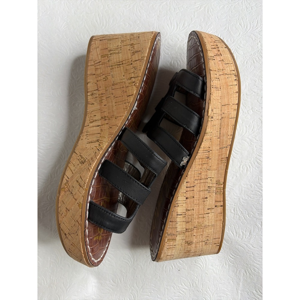 Sam Edelman Ronie Logo Black Leather Cork Wedge Platform Sandals Womens 8.5 M - Picture 3 of 7